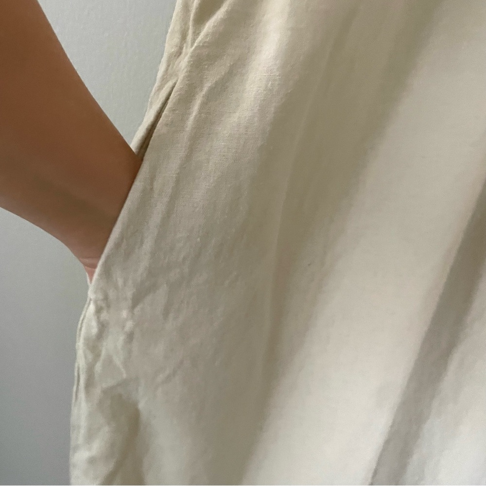 Sleeveless Linen Blend Neutral Cream Beige V-Neck Shift Dress w/ Pockets Large - Picture 5 of 15